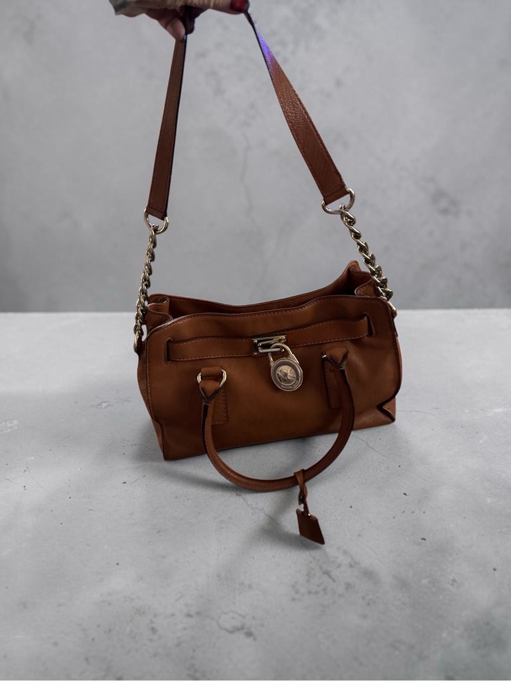 Michael Kors Cognac Leather Satchel with Gold-Tone Lock - Good condition. - Picture 3 of 10